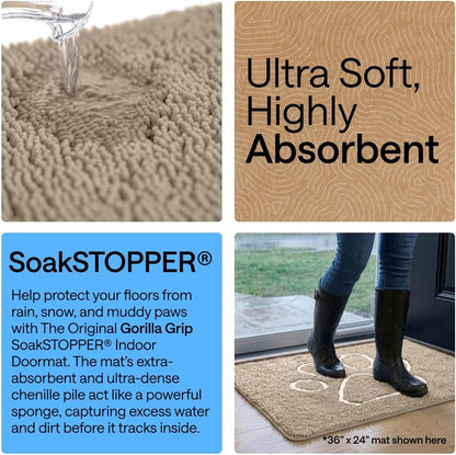 GORILLA GRIP SoakSTOPPER Dog Door Mat, 30x20 Machine Washable Rug Absorbent Doormat Captures Moisture Mud Dirt, Quick Dry Soft Chenille Entryway Rugs Indoor Entrance Mats for Dog Paws, Paw Grey