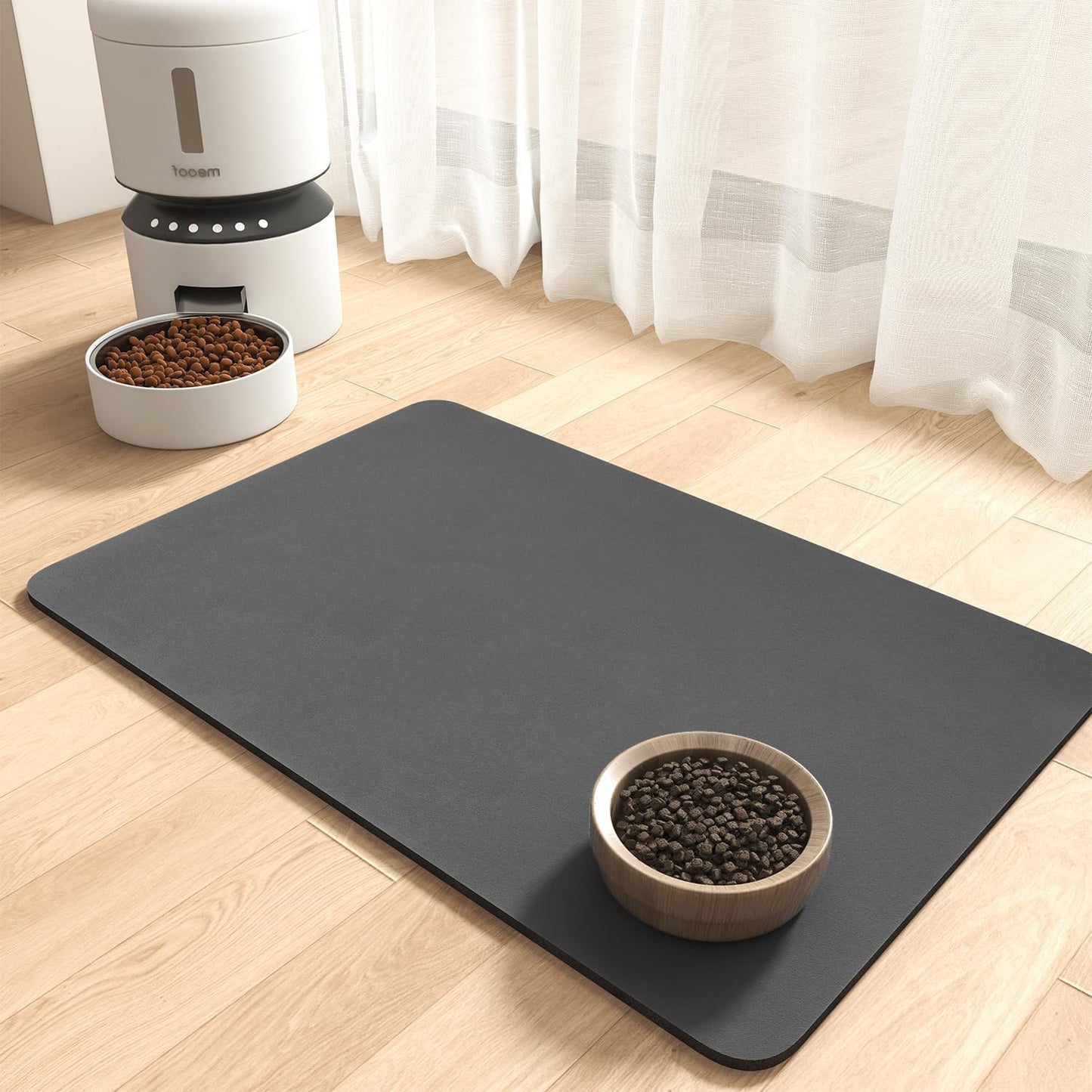 MontVoo Dog Food Mat-Pet Feeding Mat for Food and Water-No Stains Quick Dry Dispenser Cat Bowl Mat for Messy Drinkers(12"x19" Dark Grey)