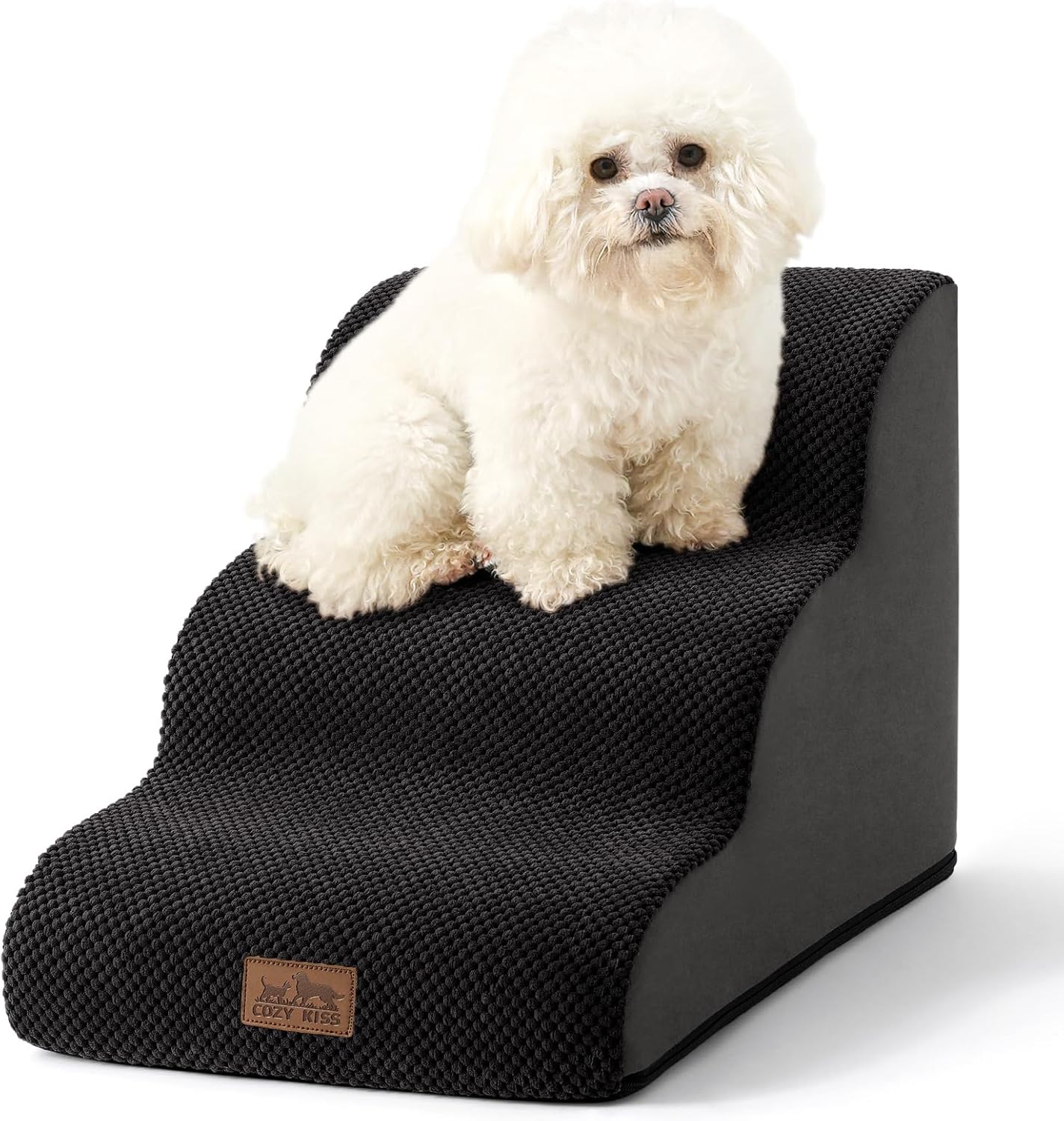 COZY KISS Dog Stairs for Small Dogs 15.7" H, Curved Dog Step for Puppy, Older Cat, Medium Pet Ramp for Sofa, Couch or Chair, Ladder with High Density Foam, 3 Step, 15.7x22.4x15.7 inch, Beige