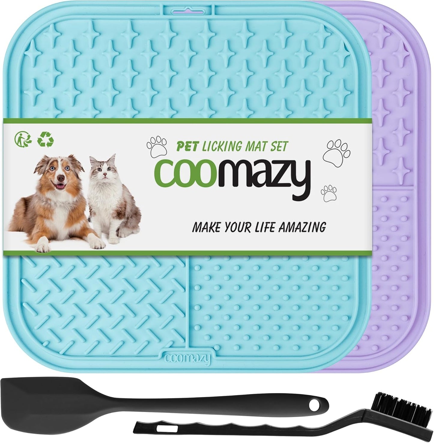 Coomazy Lick Mat for Dog and Cat, Slow Feeder & Non-Slip Design, Boredom and Anxiety Reducer, Suitable for Food, Treats, Yogurt, Peanut Butter and Liver Paste, Non-Toxic, 2-Packs