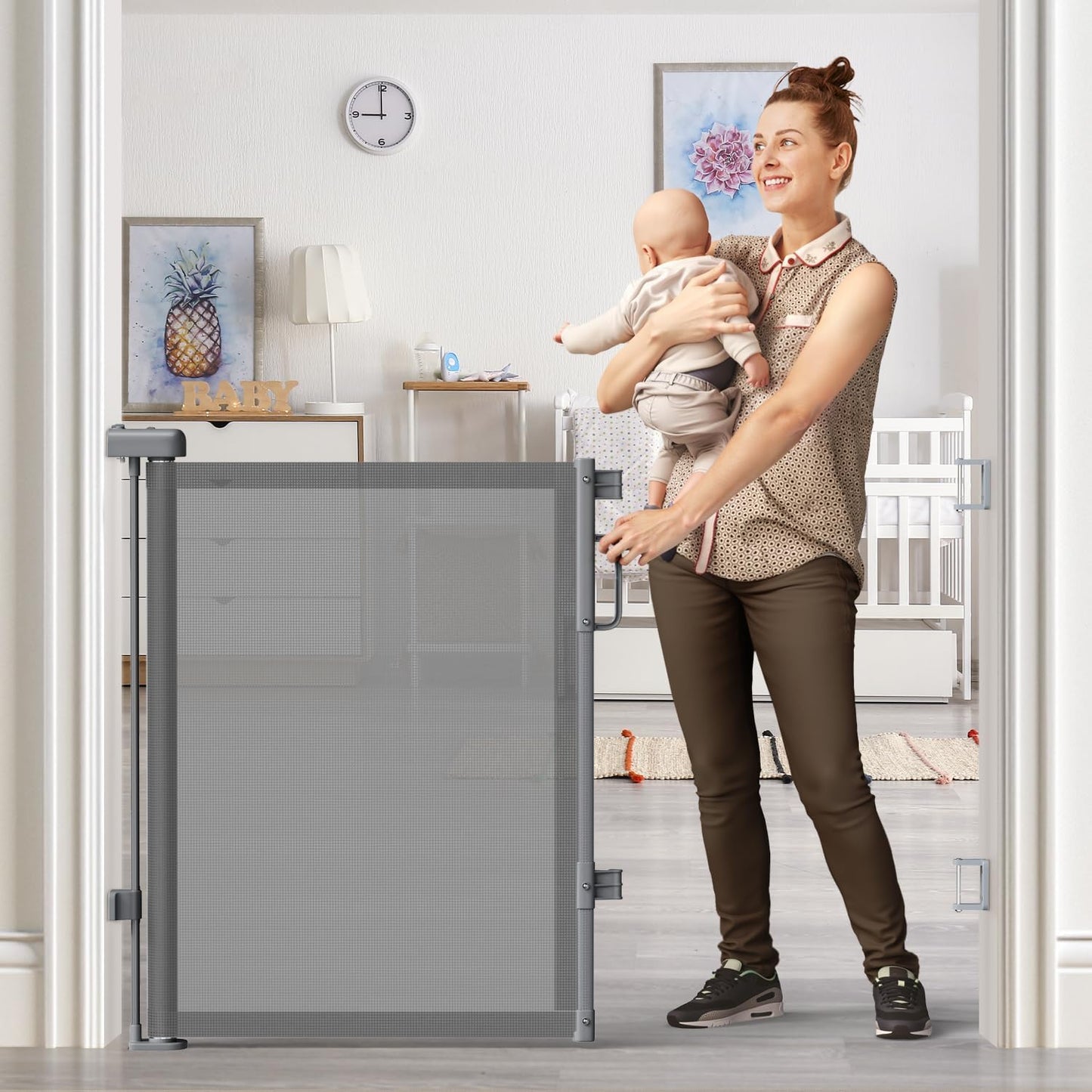 Retractable Baby Gate for Stairs & Doorways, Mesh Dog Gate Indoor Outdoor, Extends to 55" Wide 34" Tall Child Gate for Hallways, Deck, Porch, Pet Toddler Safety Essentials, Easy Install, Grey