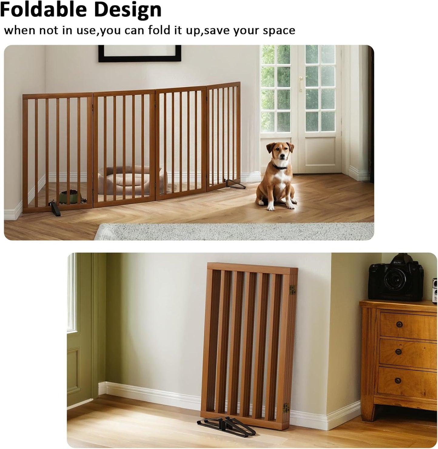 Dog Gate 32" Tall Foldable Dog Gate for Doorways Freestanding Pet Gate for Dogs Indoor (Walnut, 3 Panel)