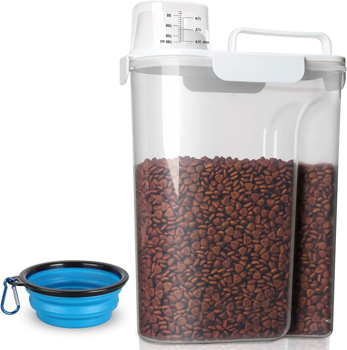 TIOVERY Dog Food Storage Container, 5-7 Lbs Airtight Pet Food Container, Cat Food Container Dispenser Plastic Bin with Pouring Spout, Portable Handle and a Collapsible bowl for Dogs Cats Grey/6Qt