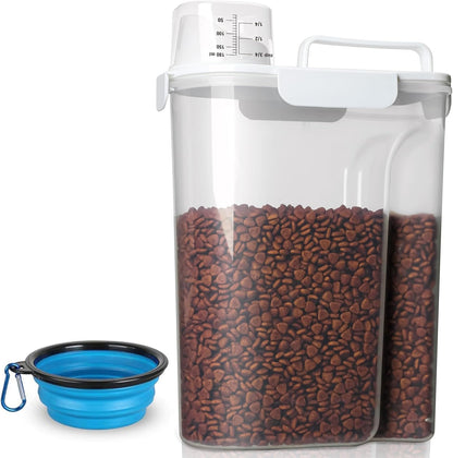 TIOVERY Dog Food Storage Container, 5-7 Lbs Airtight Pet Food Container, Cat Food Container Dispenser Plastic Bin with Pouring Spout, Portable Handle and a Collapsible bowl for Dogs Cats Grey/6Qt