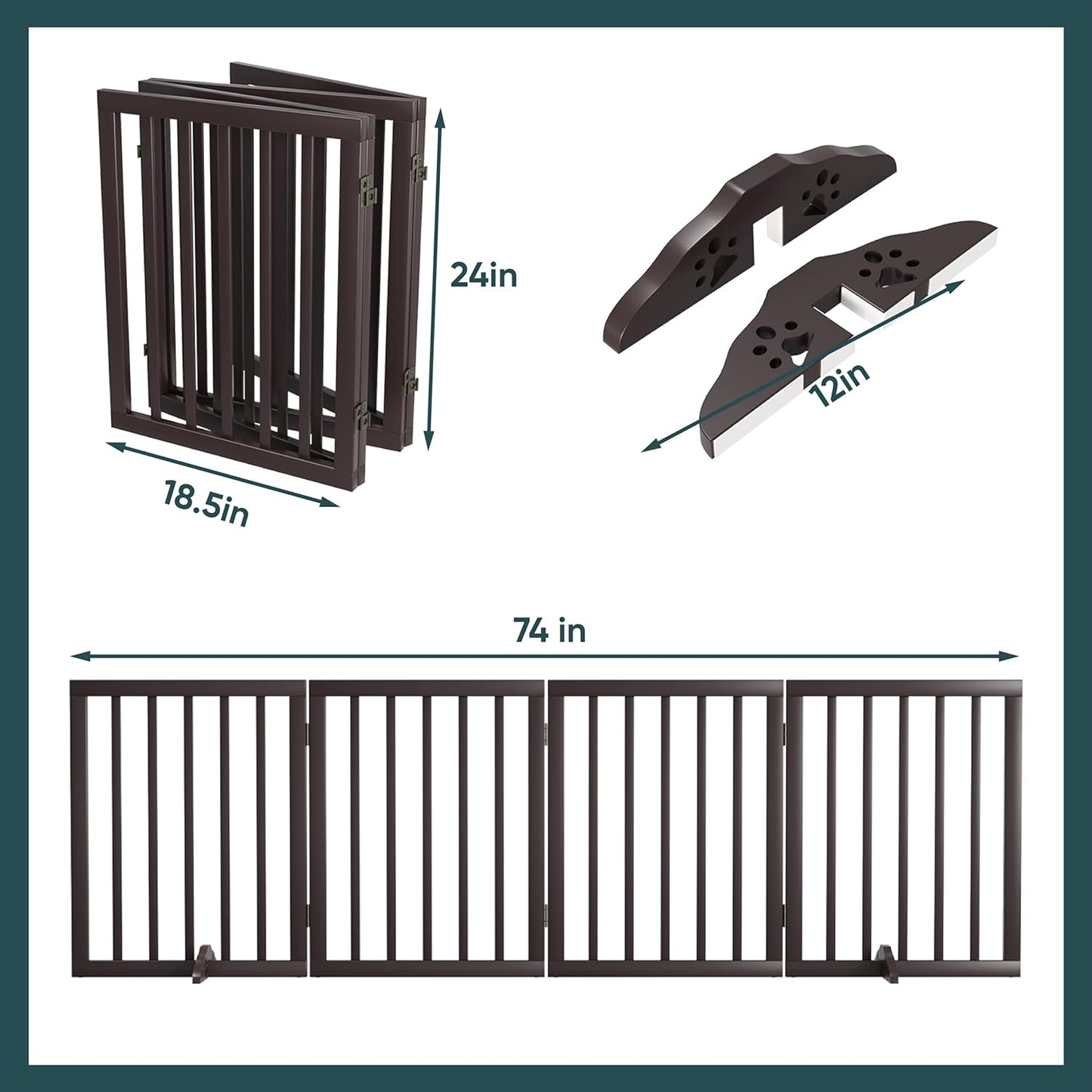 Freestanding Dog Gates Indoor, 3-Panel Pet Gates with 2 Metal Stands and 360° Hinge, 24" H Foldable Dog Gate for Stairs, Doorway, Kitchen, Expands Up to 55" Fully Assembled - Black Walnut