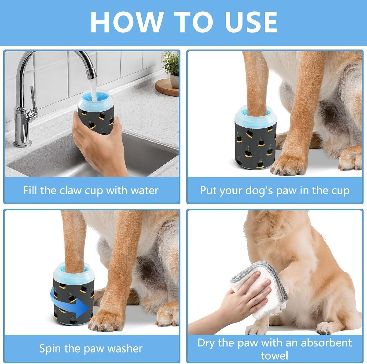 Coffee Gray Print Dog Paw Cleaner Cup with Soft Silicone Brush, Portable Lightweight Small Muddy Paw Washer for Dogs, Easy to Use Pet Foot Cleaner