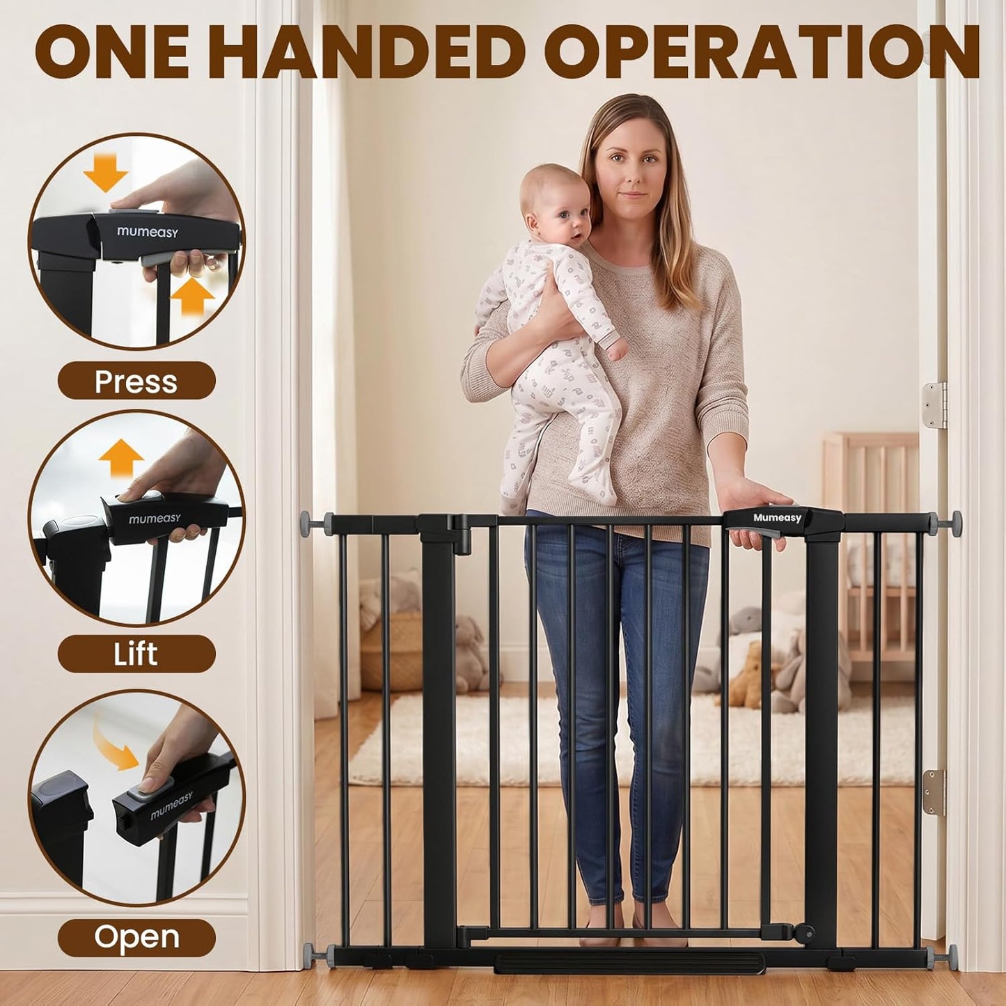 Mumeasy 29.7-46" Baby Gate for Stairs, Pressure Mounted Dog Gate for Doorways, Auto Close Walk Through Pet Gate Indoor, Extra Wide Metal Child Safety Gate, Mom's Choice Awards Winner, Black