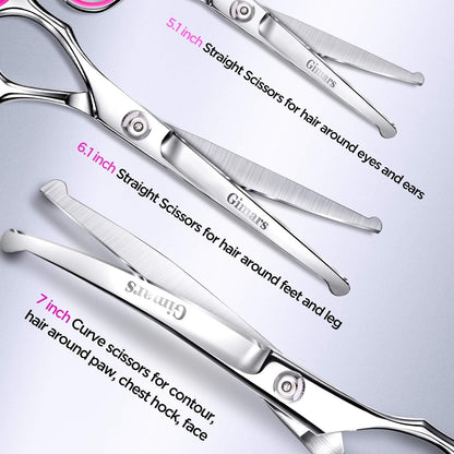 Gimars Titanium Coated Professional 6 in 1 4CR Stainless Steel Dog Grooming Scissors with Safety Round Tip, Heavy Duty Pet Grooming Scissor for Dogs, Cats and Other Animals