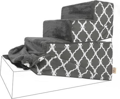 Best Pet Supplies Non-Slip Foam Dog Stair & Pet Ramp, Balanced Indoor Step Support - Foldable Stair, Ash Gray Linen,3-Step