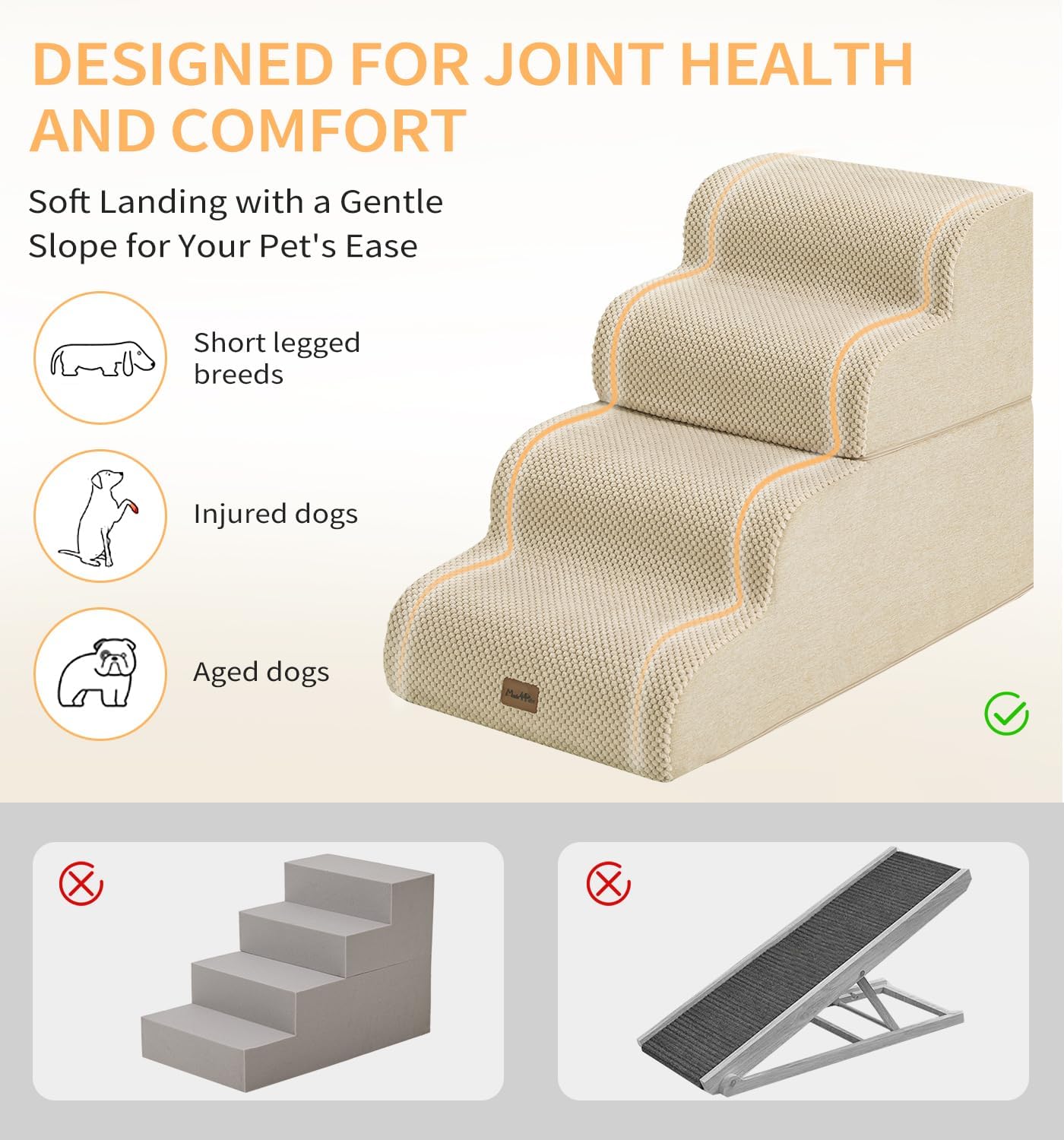 Made4Pets Dog Stairs Ramp for Small Dogs 15.7" H, 3-Step Dog Steps for Bed Couch Sofa and Chair, 35D Foam Pet Steps for Small Dogs and Cats, Non-Slip Bottom Pet Stairs, Grey