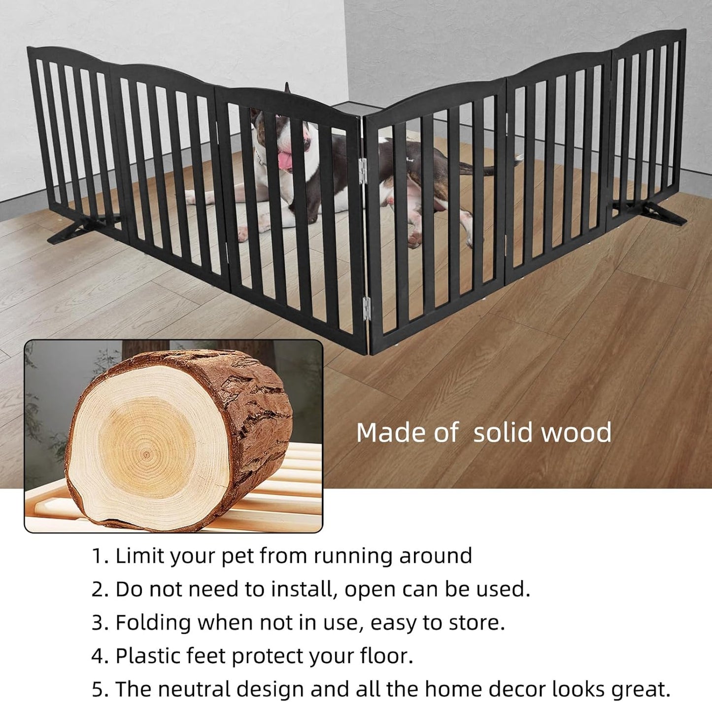ZJSF Foldable Freestanding Indoor Dog Gate for House Wood White Long Pet Gates Dog Fence for Stairs Puppy Gates for Hallways,Pet Fence, Puppy Gate,Support Feet Included 24 "Height-3 Panels