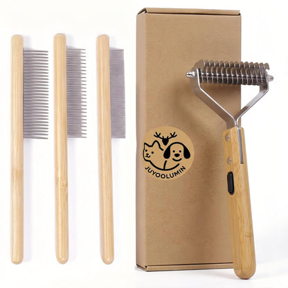 Bamboo Pet Grooming Kit for Medium to Long Haired Cats & Dogs, 4-in-1 Dematting Comb Set with Undercoat Rake, Detangling & Deshedding Tools, Fine/Wide Tooth Combs for Indoor Pets