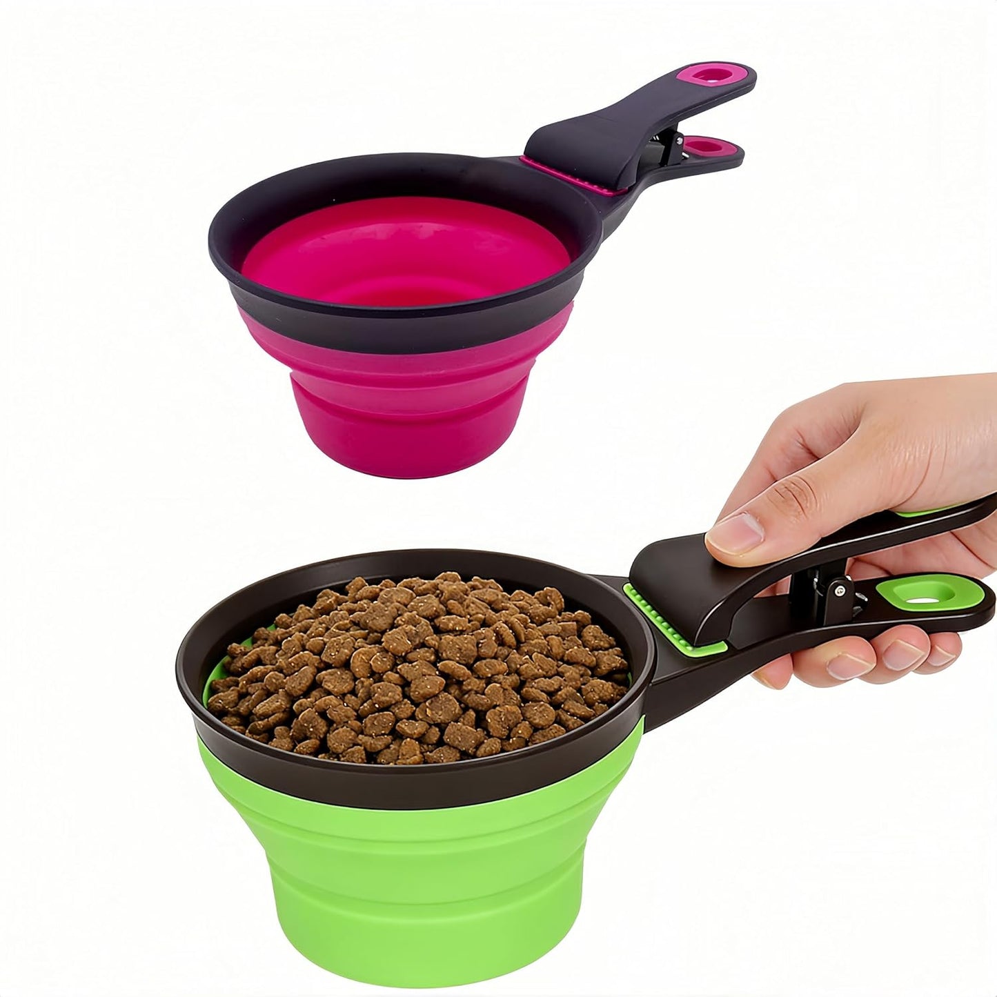 2 PCS Collapsible Pet Scoop Set,1 Cup & 1/2 Cup Capacity Silicone Measuring Cups with Sealing Clip,Multi-Function Scoop Bowls Bag Clip for Dog Cat Food Water.(Green,Pink)