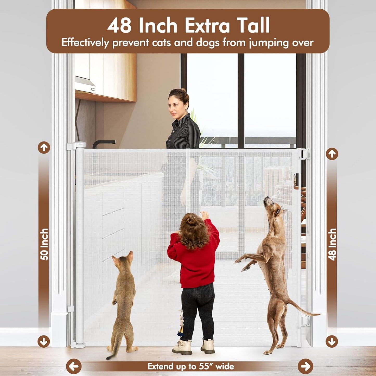 Reinforced 48" Extra Tall Pet Gate with Support Rods, 4 Ft Tall Retractable Baby Gates for Doorways 55" Wide Mesh Dog Gate Indoor Outdoor - Prevent Baby/Pet from Jumping Over, Black