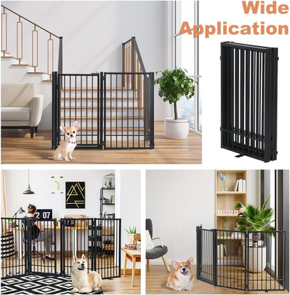 SMONTER Freestanding Dog Gate with Door Walk Through, 80.5'' Extra Wide Indoor Dog Fence, 31.5'' Height 4 Panels Foldable Metal Pet Puppy Gate for Stairs, Hallways, Doorway