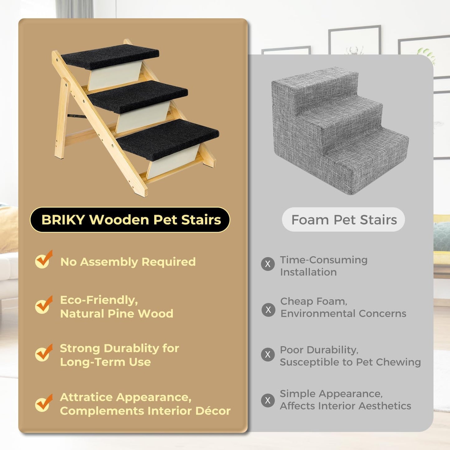 BRIKY 2-in-1 Dog Stairs/Ramp with 4 Steps, Foldable Dog Stairs for High Beds Cars Couch, Durable Wooden Pet Stairs for Small Medium Large Dogs, No Assembly Required