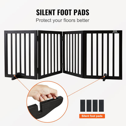 VEVOR Freestanding Pet Gate, Wooden 24" H x 80" W, 4-Panel Foldable Gate for Wide & Narrow Passageways, Expandable Dog Barrier with Silent Foot Support, White