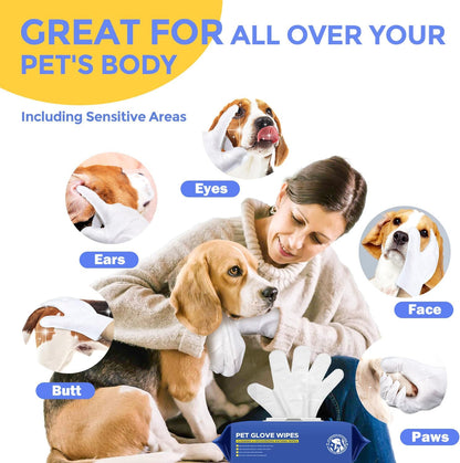 Pet Cleaning Glove Wipes for Dogs & Cats, Hypoallergenic Deodorizing Disposable Bathing Wipes,No-Rinse Grooming Wipes, Extra Thick,Perfect for Pet Dry Cleaning,Daily Care and Travel,24 pcs