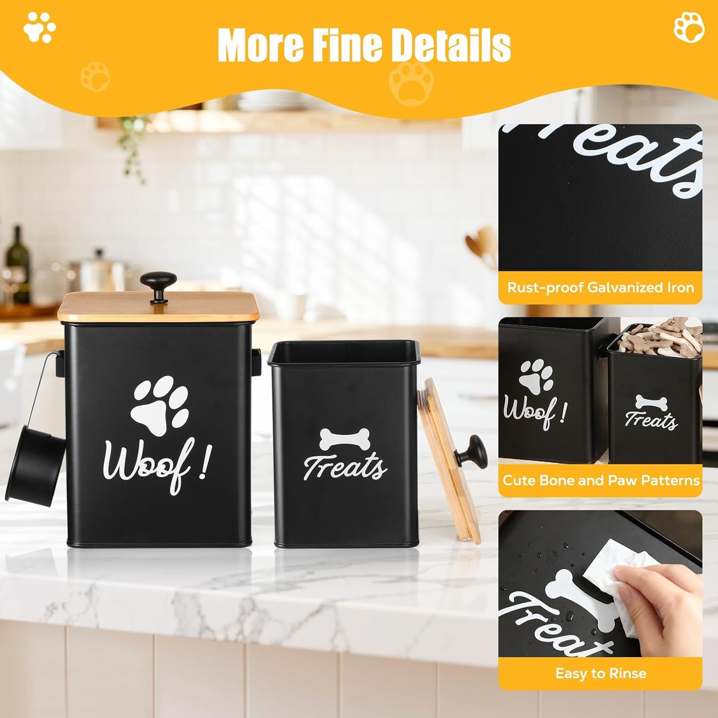 Dog Treat Container Set of 2, Dog Food Storage Containers with Airtight Lids, Metal dog treat jars for Kitchen Countertop, Pet Cookie Canister to Keep Treats Fresh, 9.4''×7.1''×9.6", Black