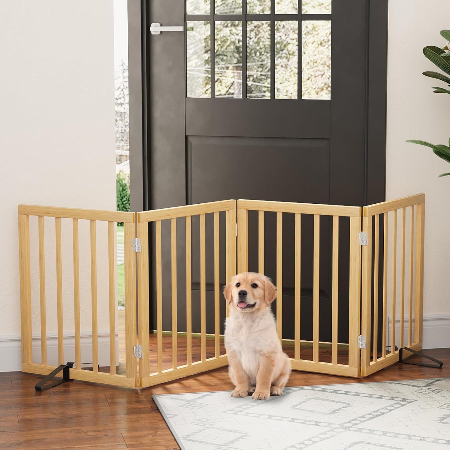 Freestanding Foldable Dog Gate - 4 Panel Room Divider with Metal Support Feet (Black)