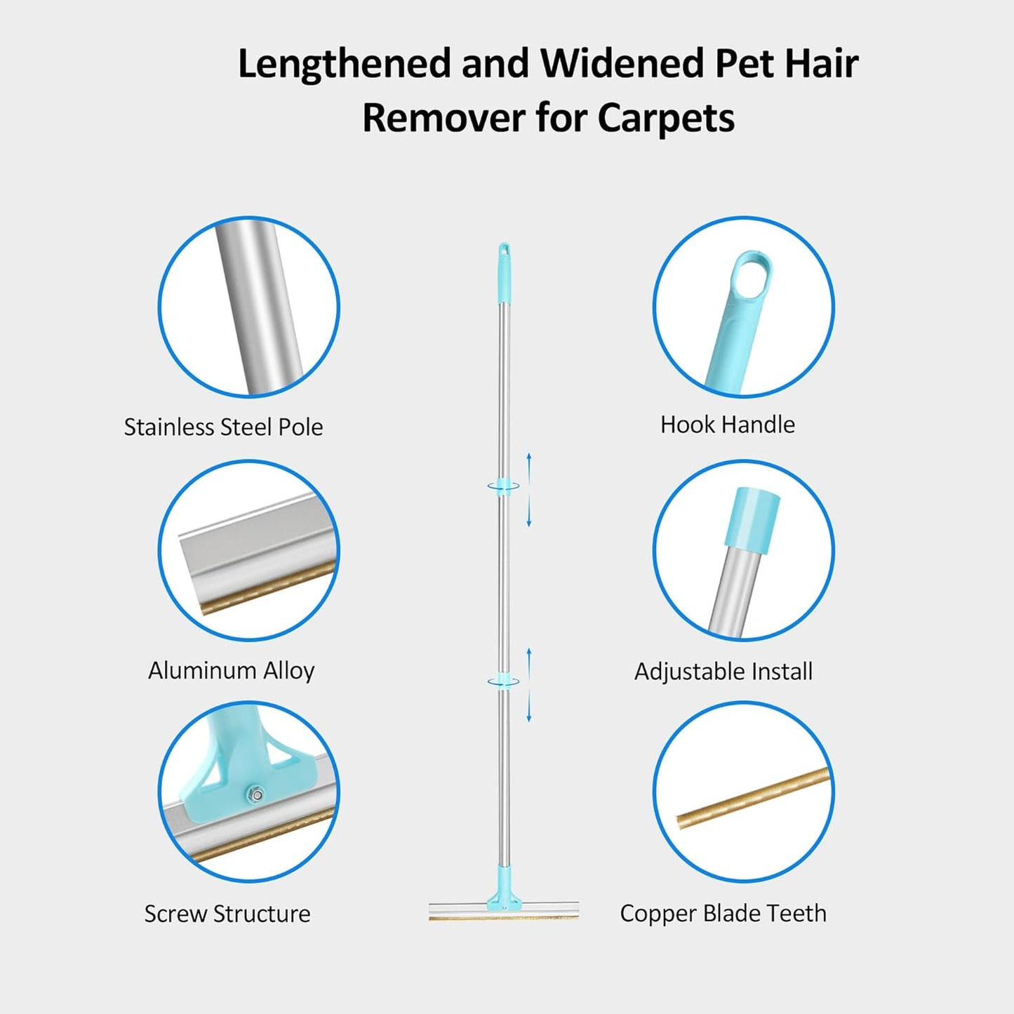 Telescopic Carpet Rake for Pet Hair, 36-55" Adjustable Rug Rake to Remove Dog Cat Hair & Fluff Matted Carpet, Stand Up Cleaning Tool for Under Furniture