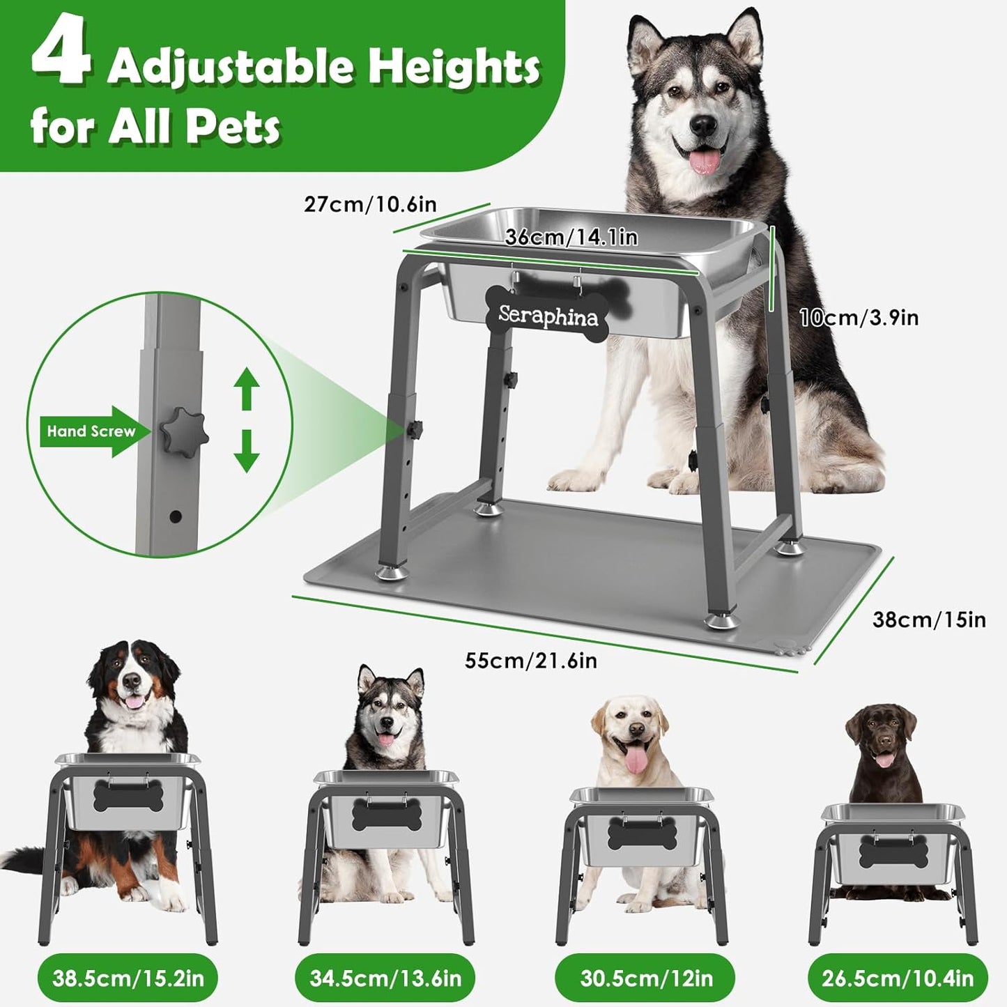 1.2 Gallon Elevated Large Dog Water Bowl with Mat, 4 Height Adjustable 12-17", Raised Dog Water Bowl Stand for Large Breed