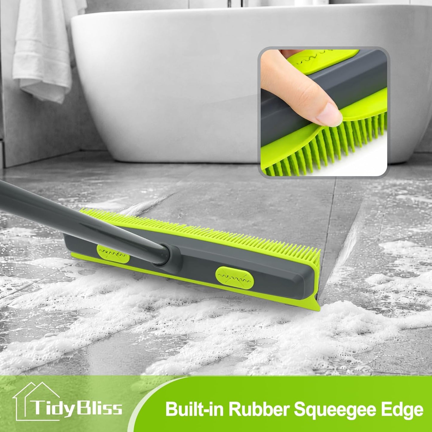 TidyBliss Pet Hair Removal Broom, 57.5 inches Rubber Brush Carpet Rake with Silicone Squeegee, Fur Remover Tool with Detailing Lint Comb for Cleaning Rug, Tile, Hardwood Floor (Gray Orange)