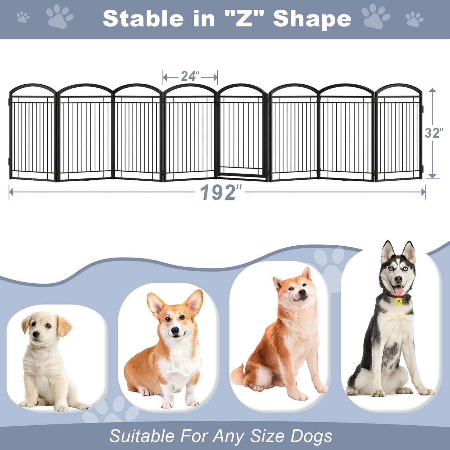 Full Metal Free Standing Dog Gate with Door for Indoor & Outdoor,96'' Extra Wide 32'' Tall Dog Gate for The Doorways,Large Openings,Decks,Porch,Pet Freestanding Safety Fence(4 Panels,Black)