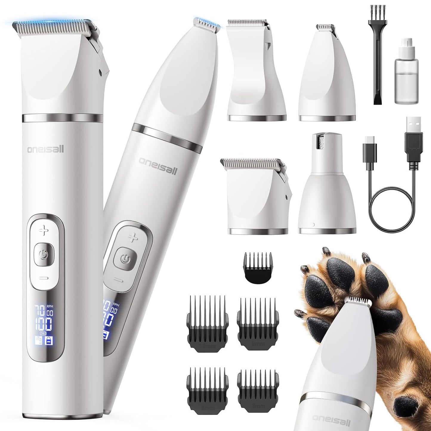 oneisall 4 in 1 Dog Grooming Kit with LCD Display, Dog Hair Trimmer for Paw Nail Grinder, Rechargeable Cordless Low Noise IPX7 Waterproof Pet Clippers