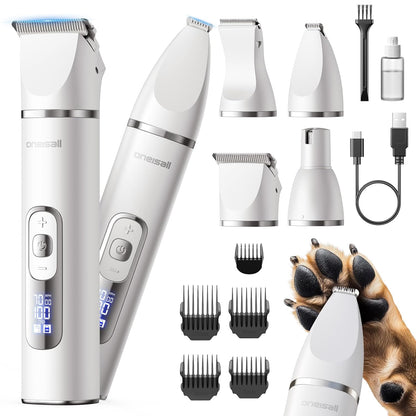 oneisall 4 in 1 Dog Grooming Kit with LCD Display, Dog Hair Trimmer for Paw Nail Grinder, Rechargeable Cordless Low Noise IPX7 Waterproof Pet Clippers