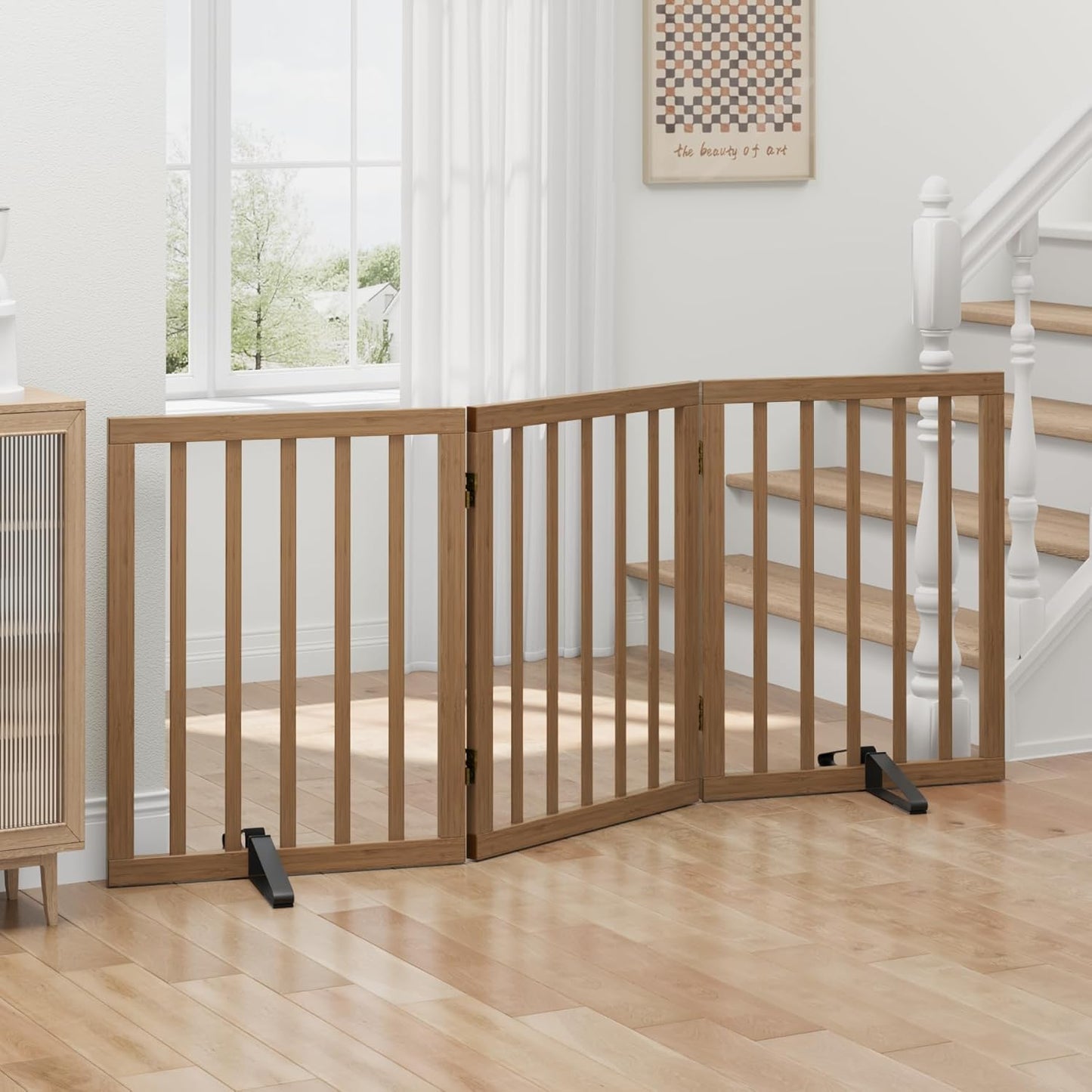 Freestanding Foldable Dog Gate - 4 Panel Room Divider with Metal Support Feet (Black)