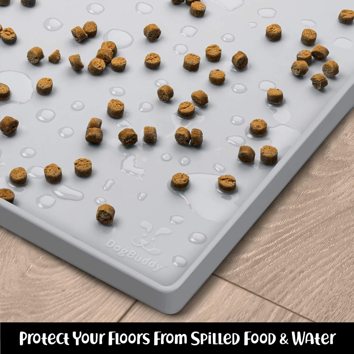 DogBuddy Dog Food Mat – Waterproof Dog Bowl Mat for Food and Water, Silicone Pet Feeding Mats for Floors, Non-Slip Placemat with High Edges for Dogs Bowls, Puppy Essentials (L: 24" x 16", Shadow)