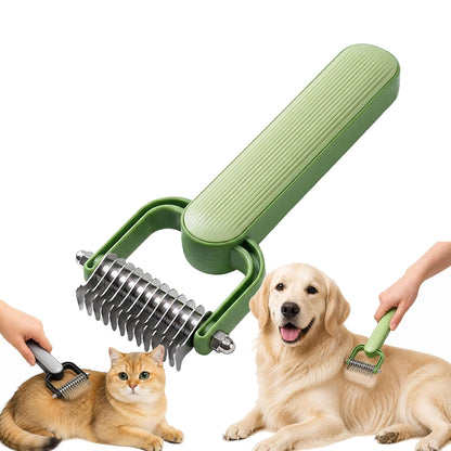 Double Sided Dematting Comb for Dogs and Cats – Undercoat Rake Pet Grooming Tool for Shedding, Tangles & Matted Fur, Stainless Steel Deshedding Brush for Long Haired & Thick Coat Pets (Green & Gray)