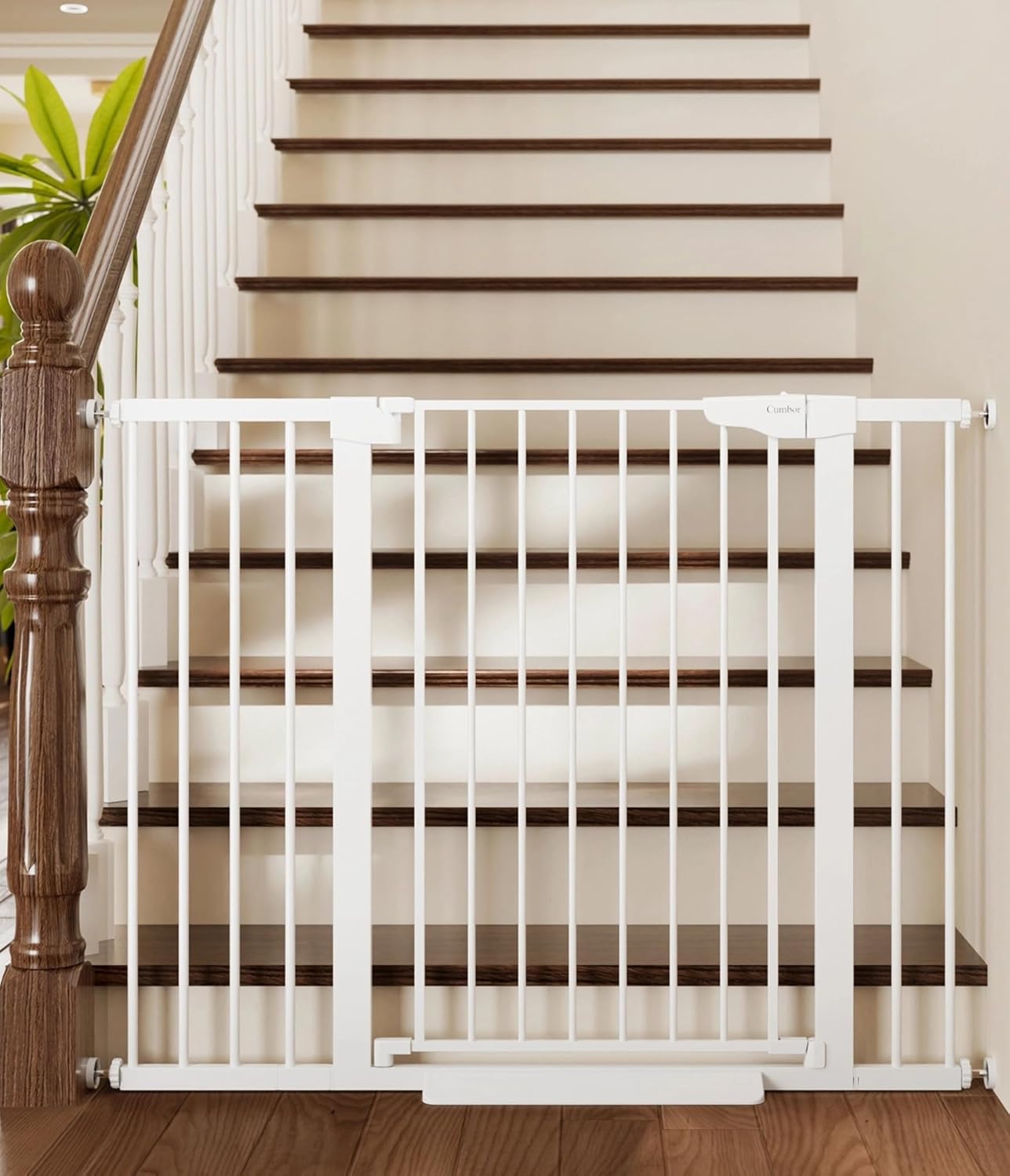 Cumbor 36.6-64" Extra Wide Baby Gate for Stairs, Dog Gates for Doorways, Auto-Close Pet Gate Indoor, Pressure Mounted Walk Through Safety Child Gate for Kids Toddler, Tall Pet Puppy Fence Gate, Brown