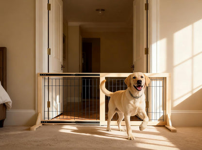 Extra Wide Freestanding Dog Gate, Adjustable Width 31.5"–61", 19.7" Tall Indoor Pet Gate for Kitchen, Living Room & Stairs, Wooden Metal Frame No-Drill Pet Barrier