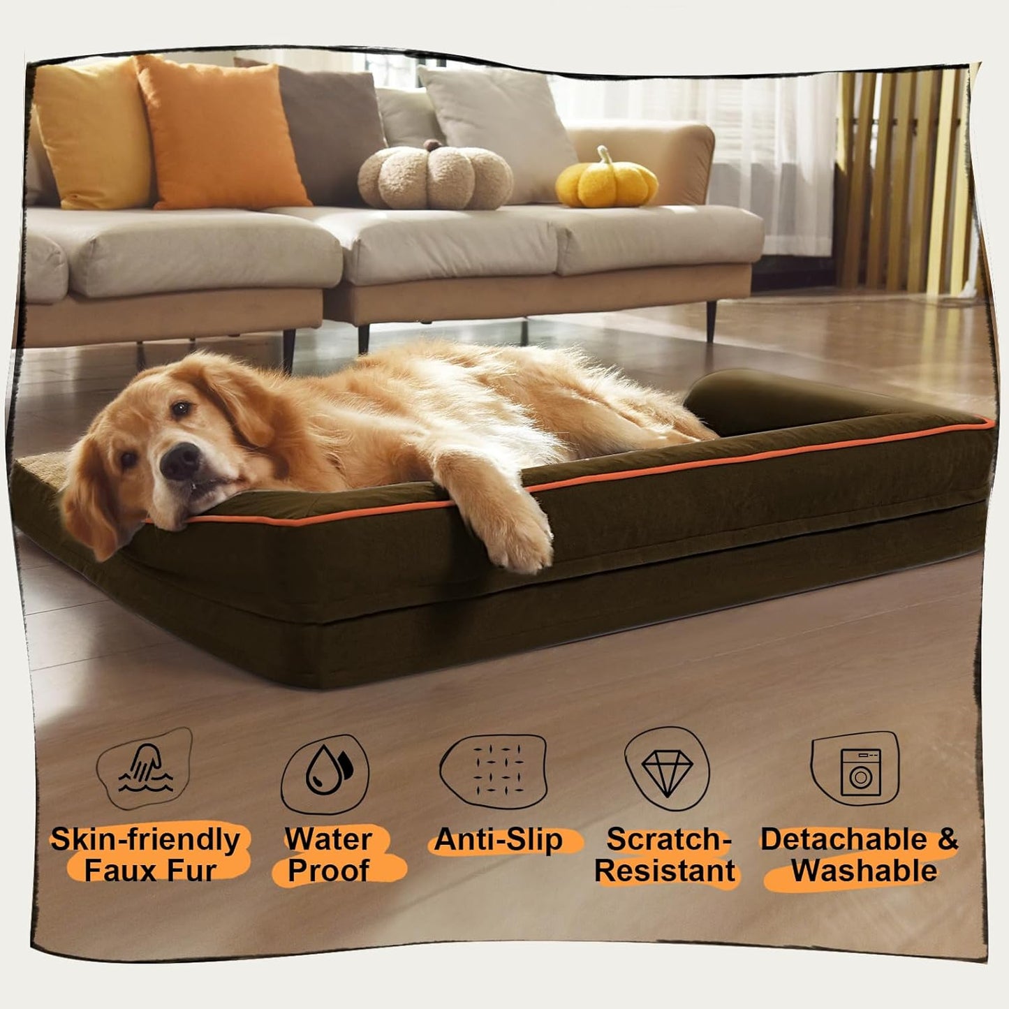 Large Dog Bed Orthopedic Washable - Beds Bolster - Medium XL XLarge Big Dogs - Memory Foam Couch Sofa - Waterproof with Removable Cover