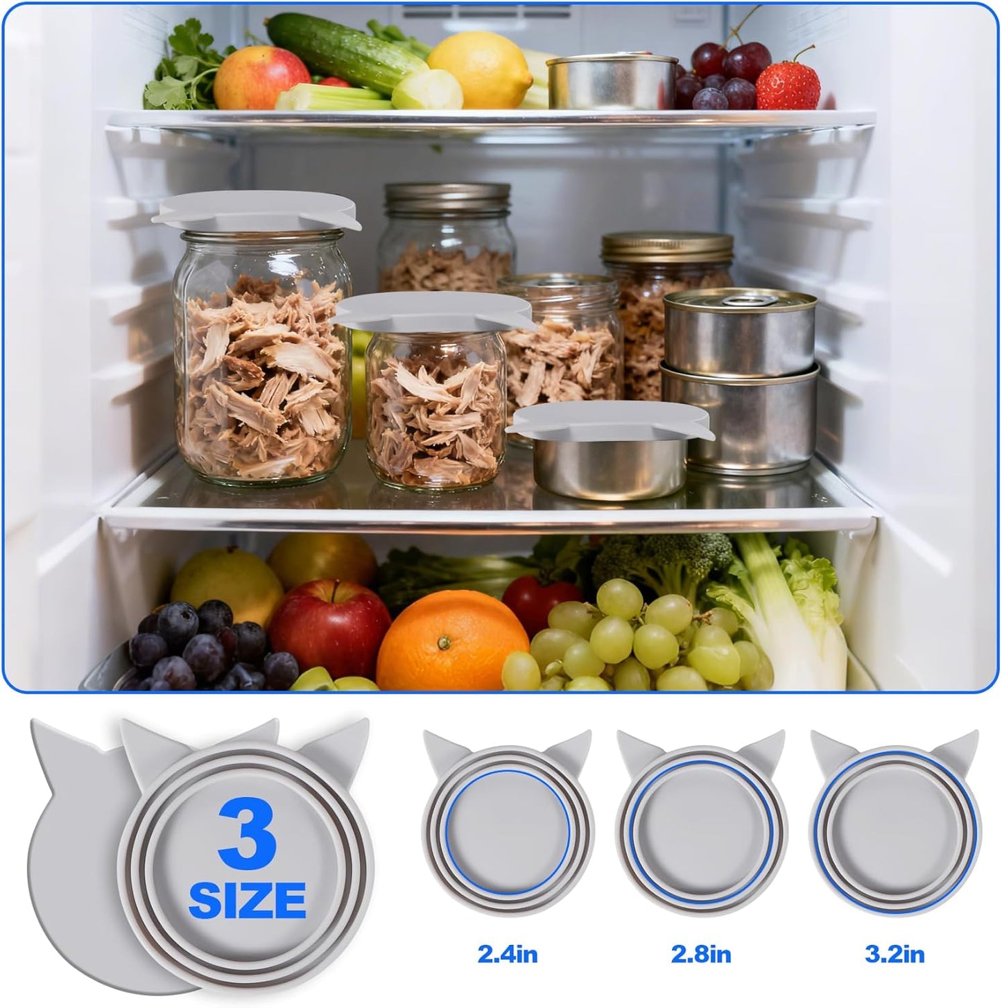5-Piece Set Reusable Cat Food Can Lids, BPA-Free, Odor-Proof, Fits 2.4/2.8/3.2 Inch Cans (2.8oz/3oz/5.5oz), Fridge Safe (gray)