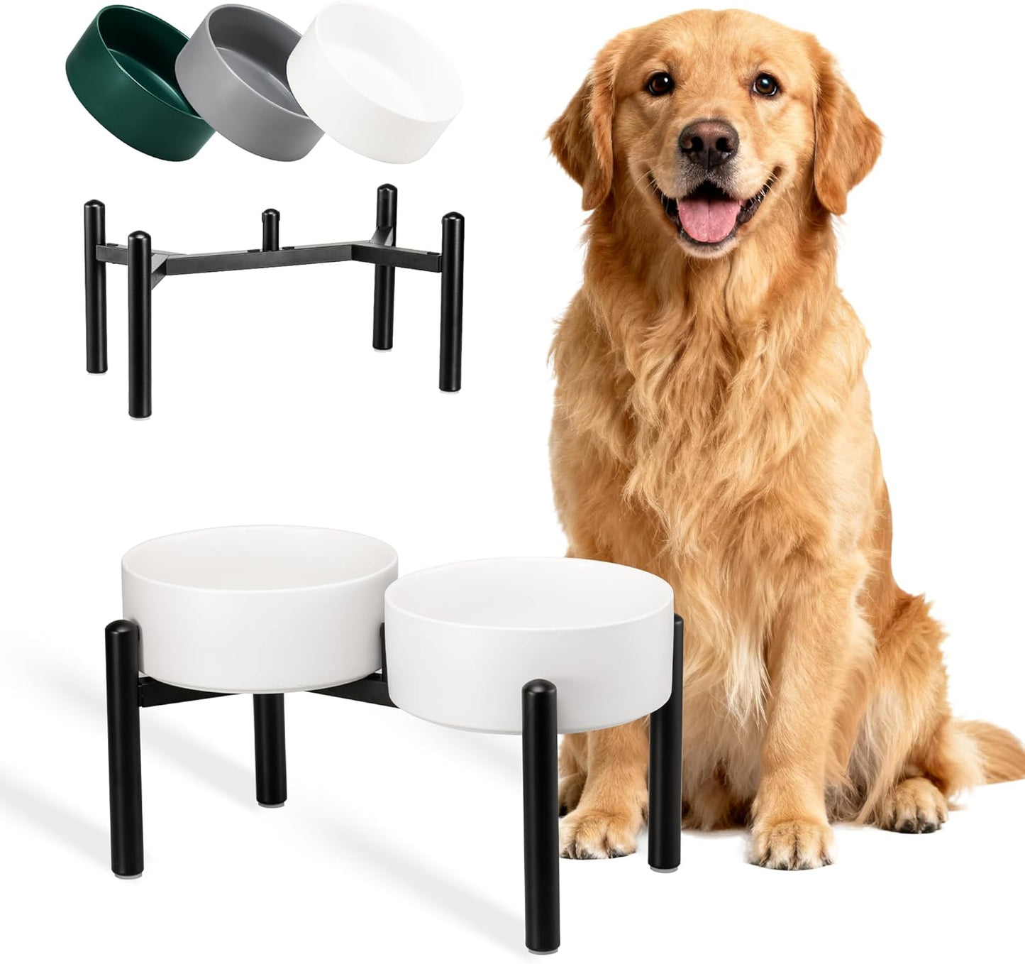 Raised Ceramic Dog Bowl Set - Elevated Double Dishes with Stainless Steel Stand - Food and Water Bowls for Small to Medium Dogs - Each Holds 3.5 Cups (29.57 fl oz) - White