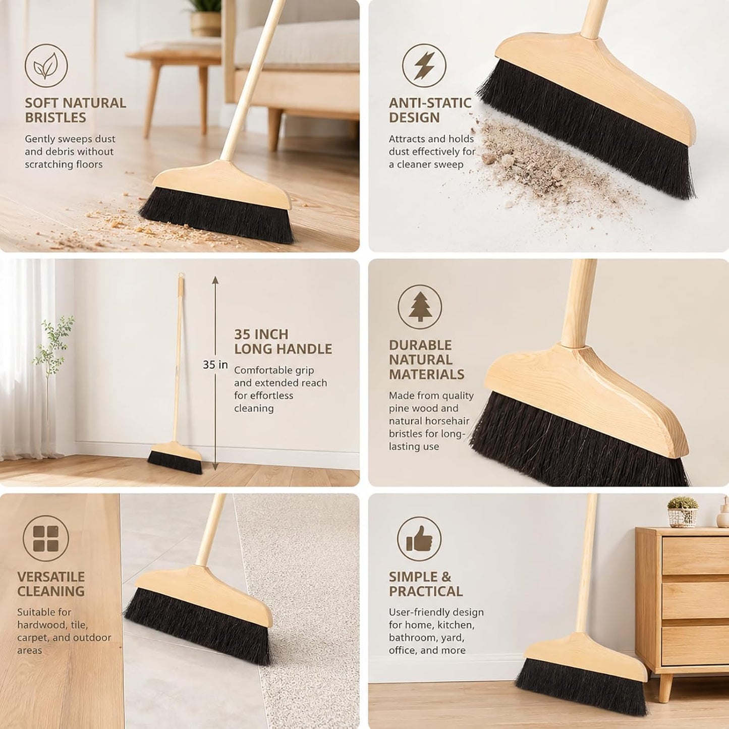 Mikikit Horsehair Broom with Long Handle Soft Bristle Sweeper Wooden Broom Indoor for Hardwood Floors Carpets Home Kitchen Office Pet Hair Cleaning