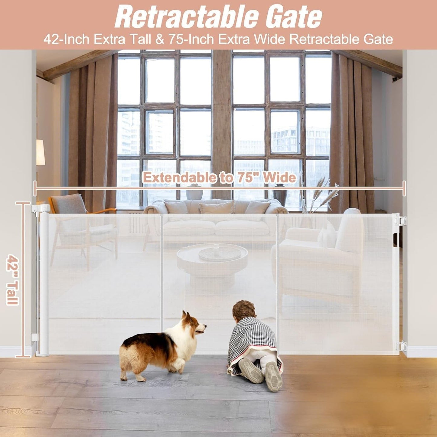 Reinforced 42" Tall Retractable Dog Gate, 155" Extra Long Retractable Baby Gate with Support Rods - Prevent Crawling Under, Indoor/Outdoor Retractable Gate Extra Tall Baby Gate Retractable Fence/Black