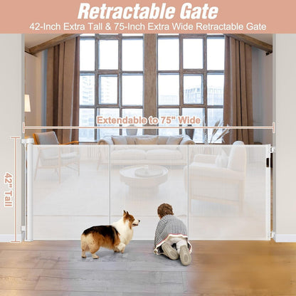Reinforced 42" Tall Retractable Dog Gate, 155" Extra Long Retractable Baby Gate with Support Rods - Prevent Crawling Under, Indoor/Outdoor Retractable Gate Extra Tall Baby Gate Retractable Fence/Black