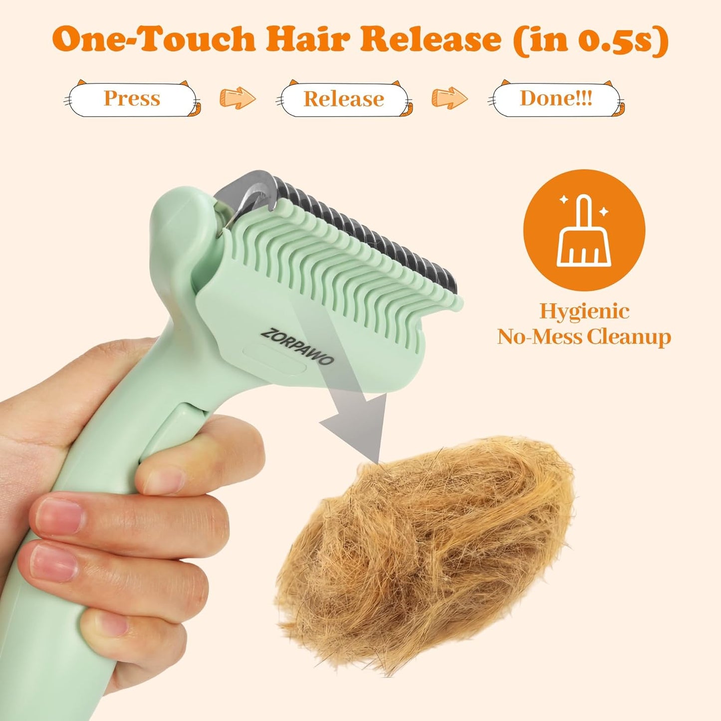 Undercoat Rake & Self-Cleaning Deshedding Brush for Dogs & Cats, Removes Mats & 95% Loose Hair, Grooming Tool for Long Hair Pets - Orange
