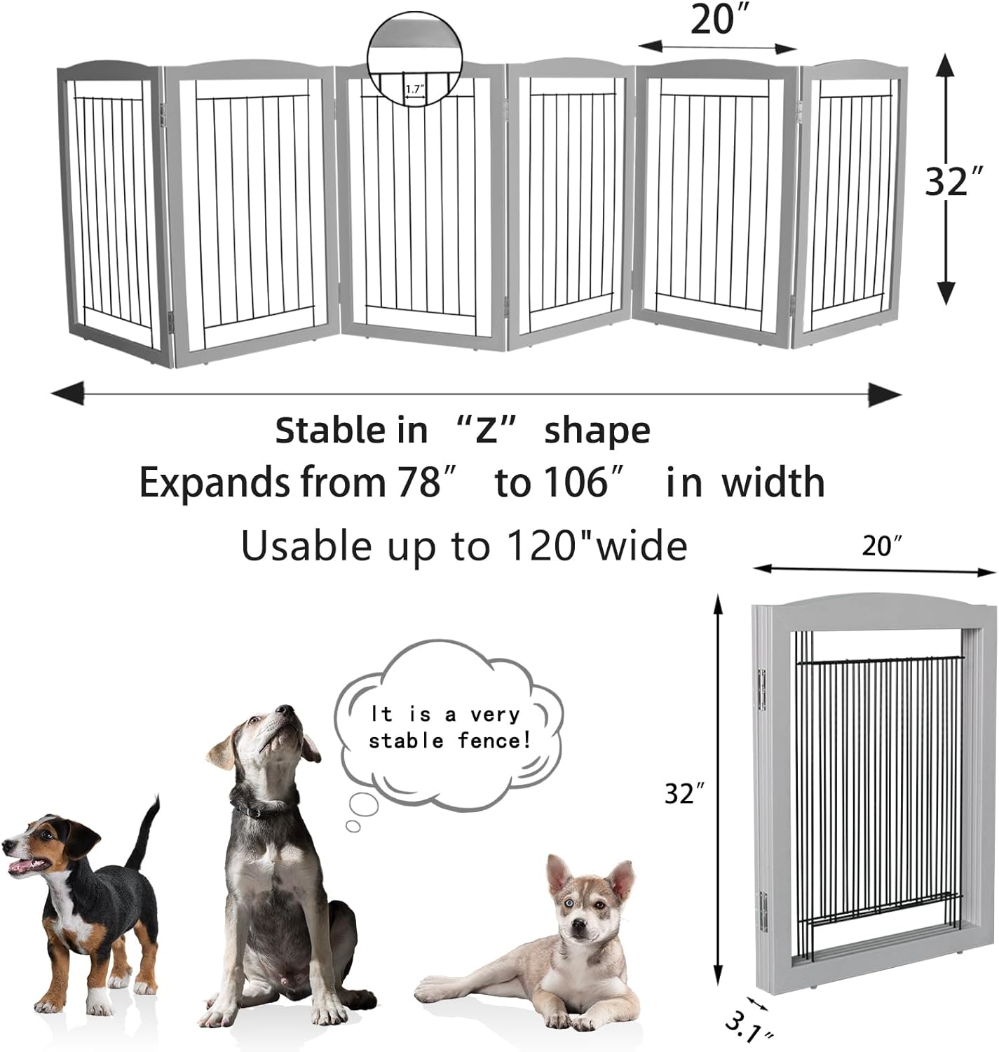 ZJSF Freestanding Foldable Dog Gate for House Extra Wide Wooden White Indoor Puppy Gate Stairs Doorways Pet Gate Tall Dog Fence 3 Panels Fence