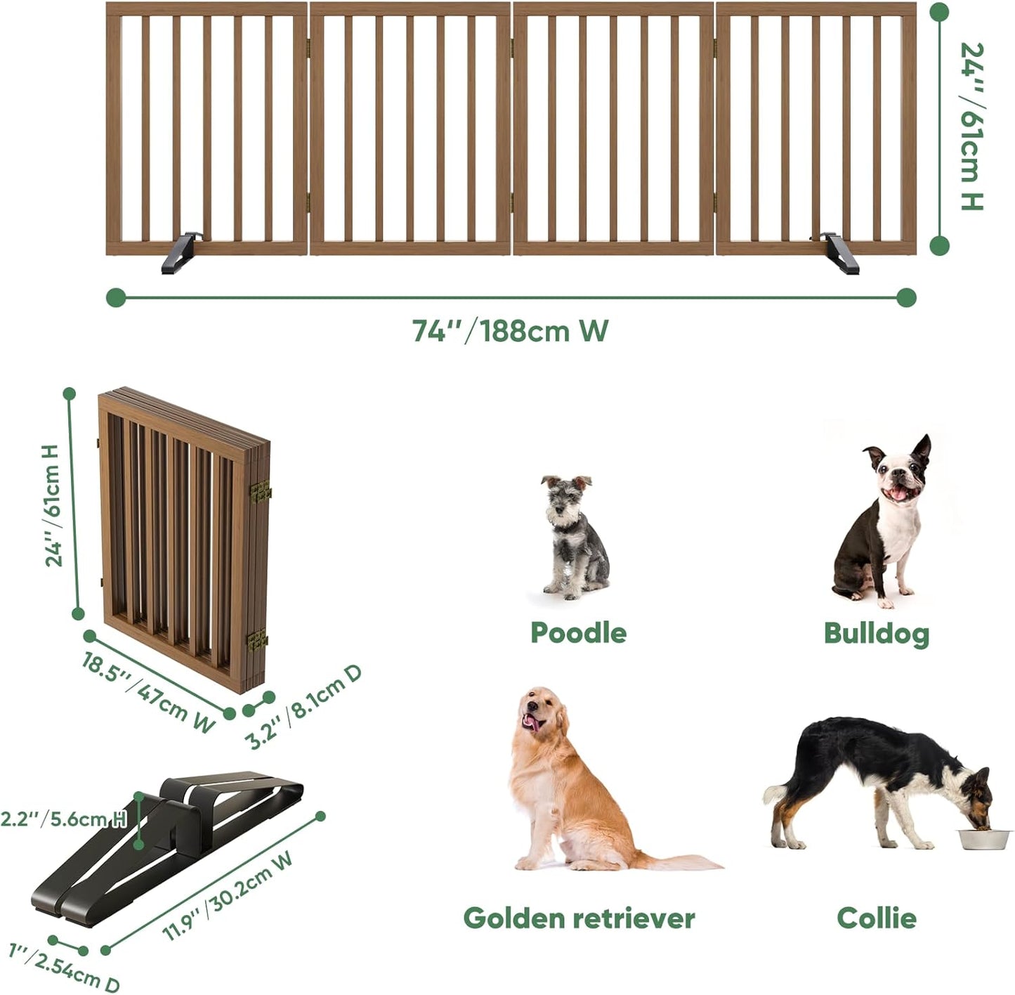Freestanding Foldable Dog Gate - 4 Panel Room Divider with Metal Support Feet (Black)