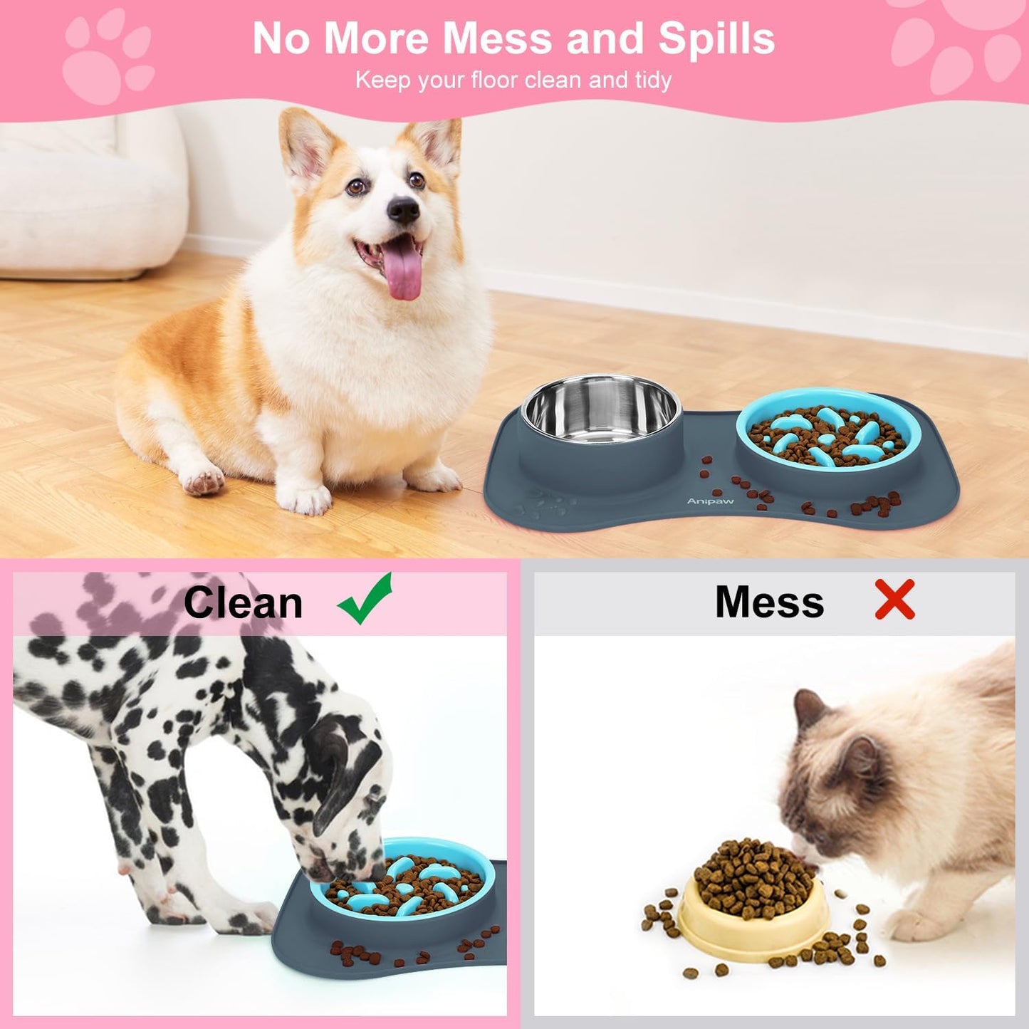 Anipaw Slow Feeder Dog Bowls 3 in 1 Stainless Steel Food and Water Bowls with Non-Spill and Skid Silicone Mat to Slow Down Eating for Large Medium Small Breed Size Dogs and Cats