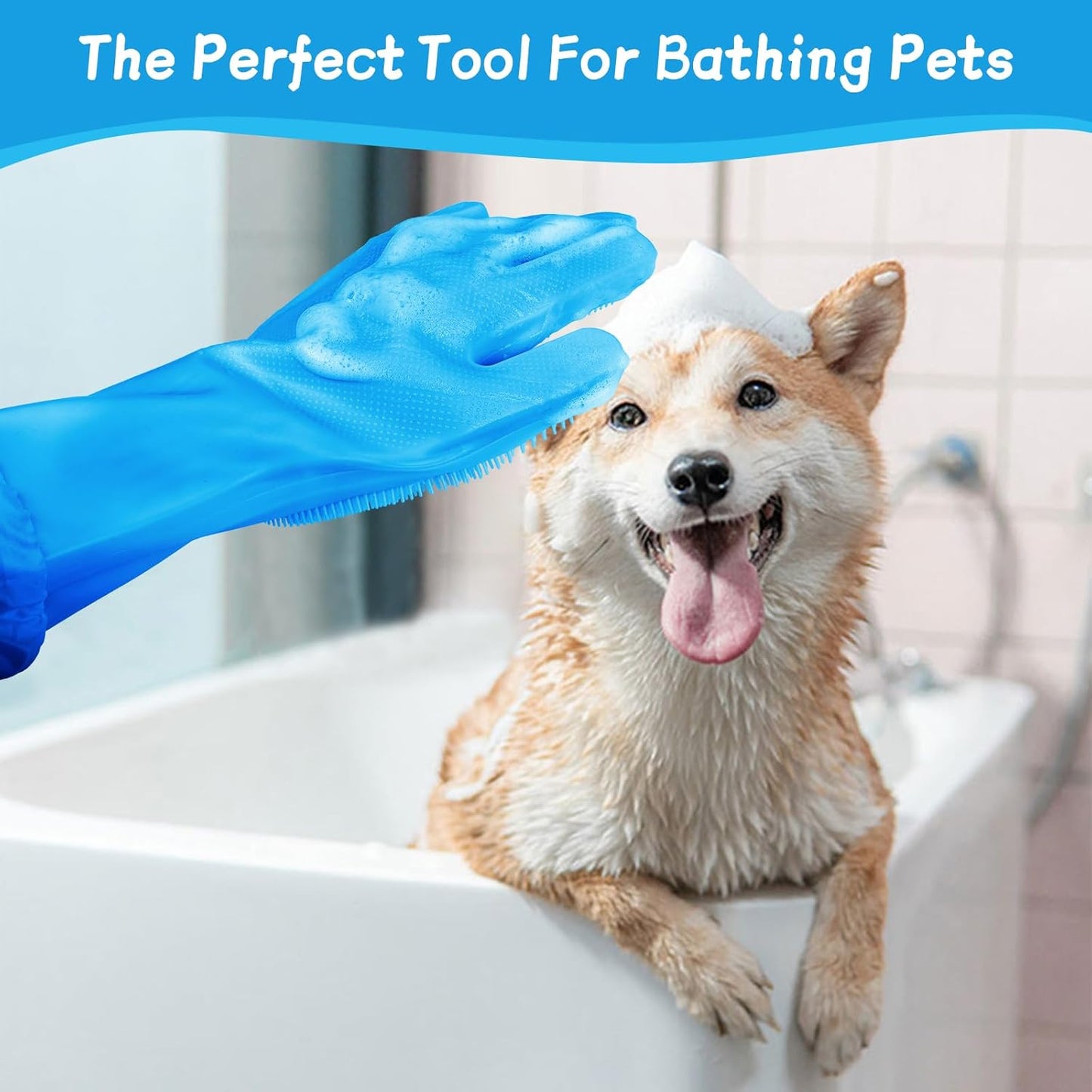 Dog Washing Gloves- Long Sleeved Pet Grooming Gloves - Heat Resistant Silicone Gloves with High-Density Teeth - Efficient Deshedding Glove for Dogs, Cats, Rabbits and Horses