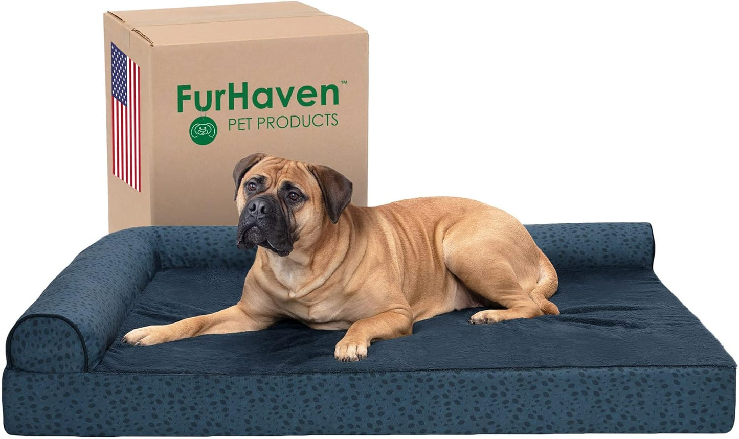 Furhaven Memory Foam Dog Bed for Large Dogs w/ Removable Bolsters & Washable Cover, For Dogs Up to 95 lbs - Two-Tone Plush Faux Fur & Suede L Shaped Chaise - Espresso, Jumbo/XL