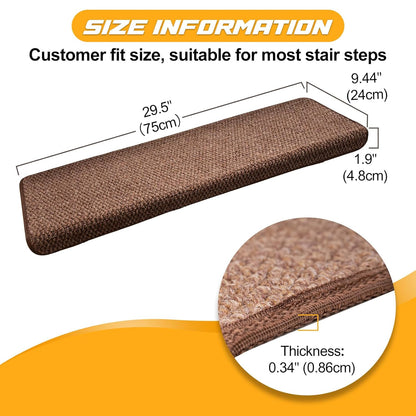 Bullnose Carpet Faux Sisal Stair Treads | Set of 14 | Stair Treads for Wooden Steps Indoor Anti Slip Braided Staircase Protector Pet Friendly Rugs Covers 9.44" X 29.5"x 1.9",Golden