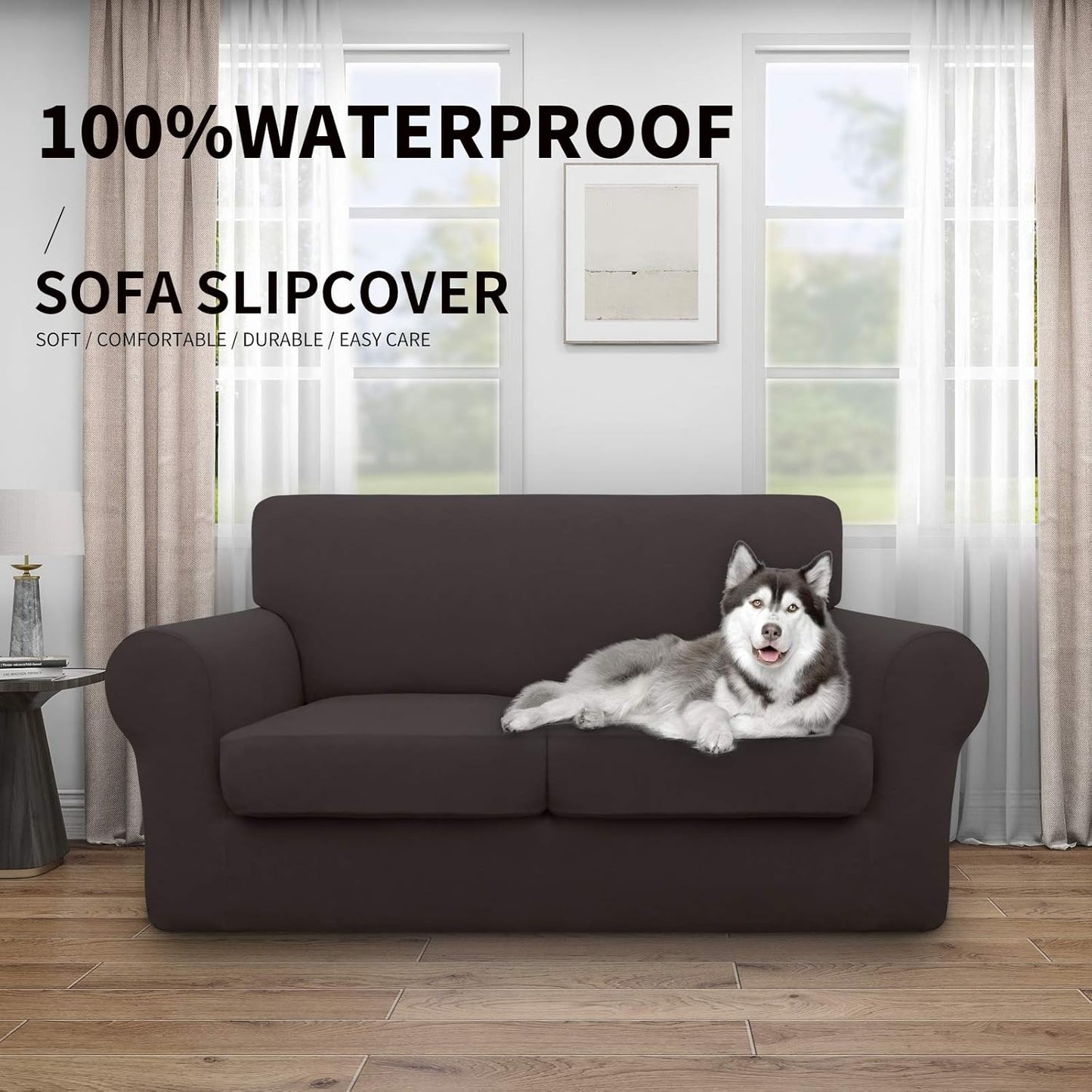 Easy-Going 100% Dual Waterproof 4 Pieces Stretch Soft Couch Cover for Dogs, Sofa Slipcover for 3 Separate Cushion Couch Leakproof Furniture Protector for Kids, Pets Dark Gray