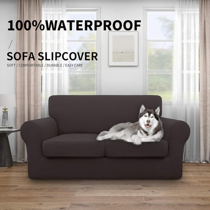 Easy-Going 100% Dual Waterproof 4 Pieces Stretch Soft Couch Cover for Dogs, Sofa Slipcover for 3 Separate Cushion Couch Leakproof Furniture Protector for Kids, Pets Dark Gray